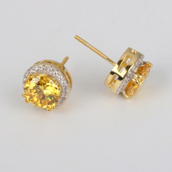 Iced Out Custom Studded Yellow Gem Stone Earrings - Picture 4 of 4